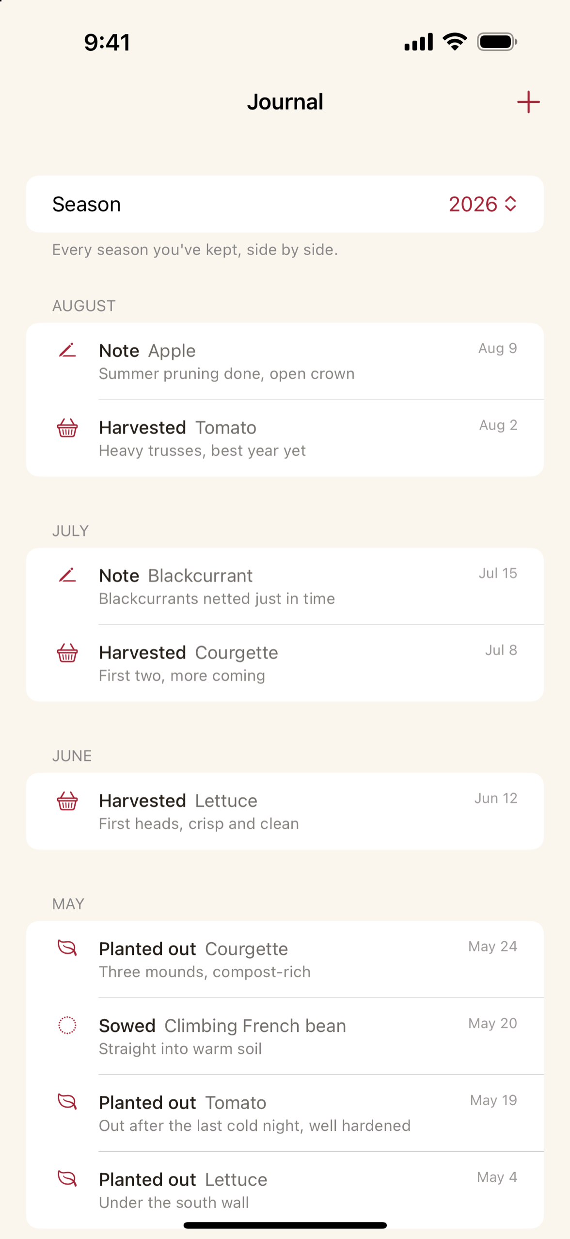 The season journal with entries across two seasons