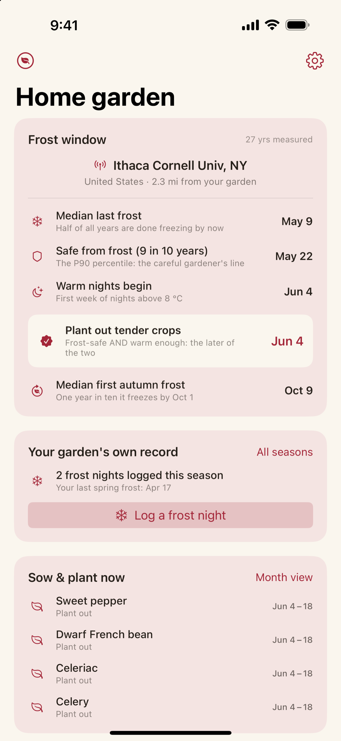 Maythorn showing a frost window: median last frost, the one-in-ten-year date, and the station it came from